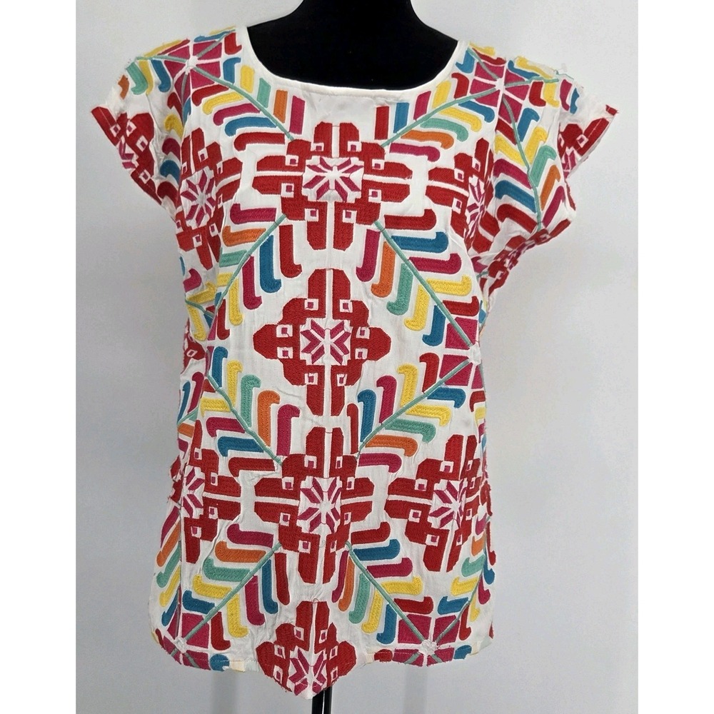 J Marie Heavily Embroidered Top L White Dopamine Core Mexican Geometric Stitch